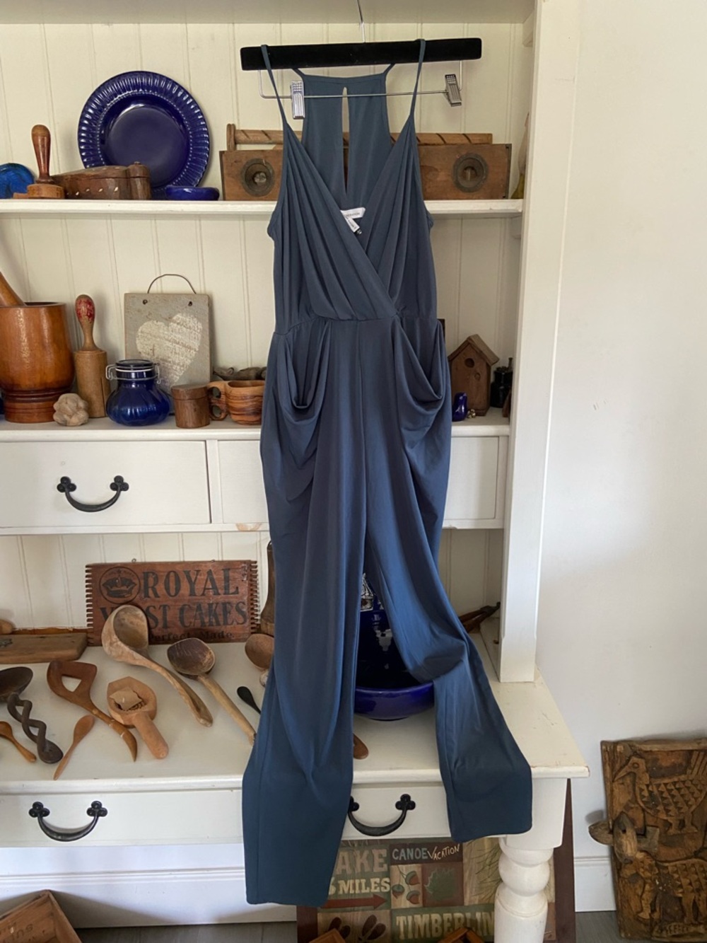 BCBGeneration Slate Blue Sleeveless Wrap Jumpsuit with Draped Pockets